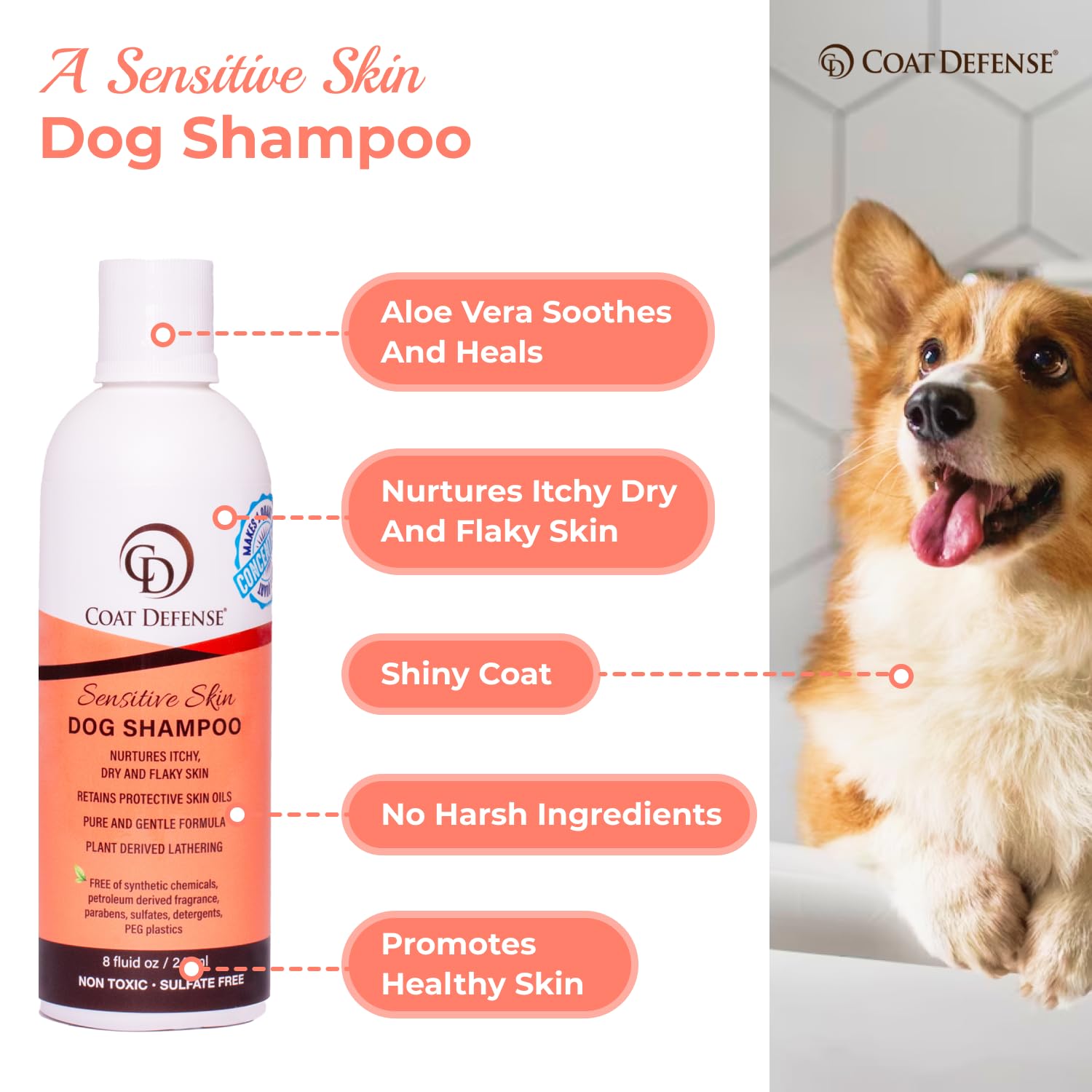 COAT DEFENSE label highlights aloe vera base and hypoallergenic formula for sensitive dogs.