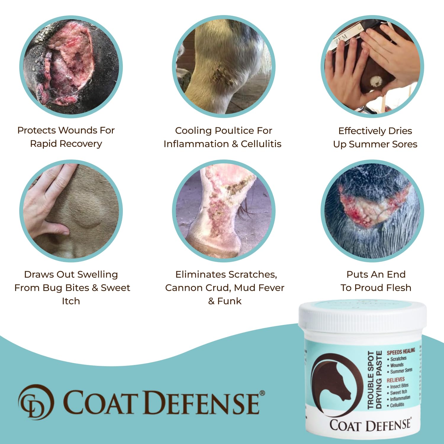 COAT DEFENSE Trouble Spot Drying Paste applied to a horse's skin for scratches and irritation.
