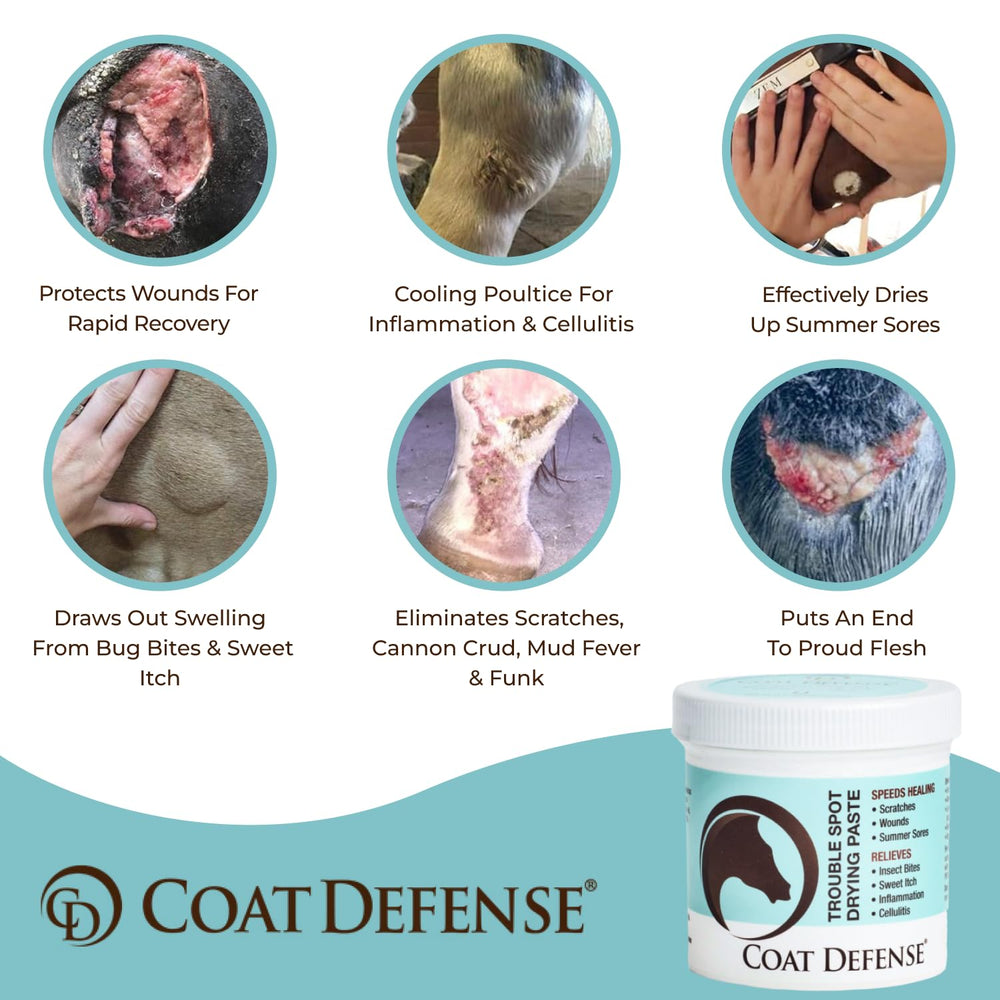COAT DEFENSE Trouble Spot Drying Paste applied to a horse's skin for scratches and irritation.