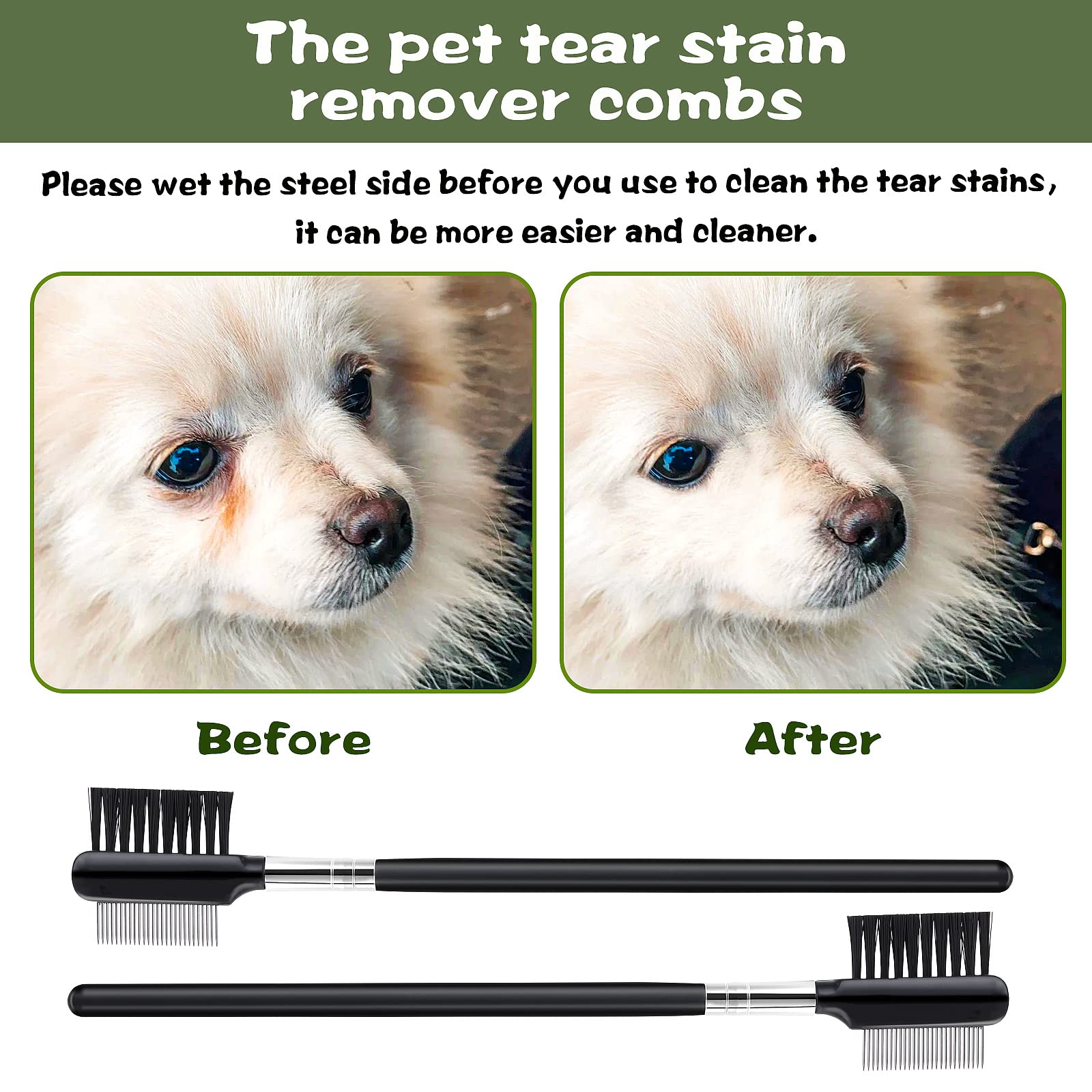 Cobee tear-stain comb with steel side close-up demonstrates rust-resistant durability