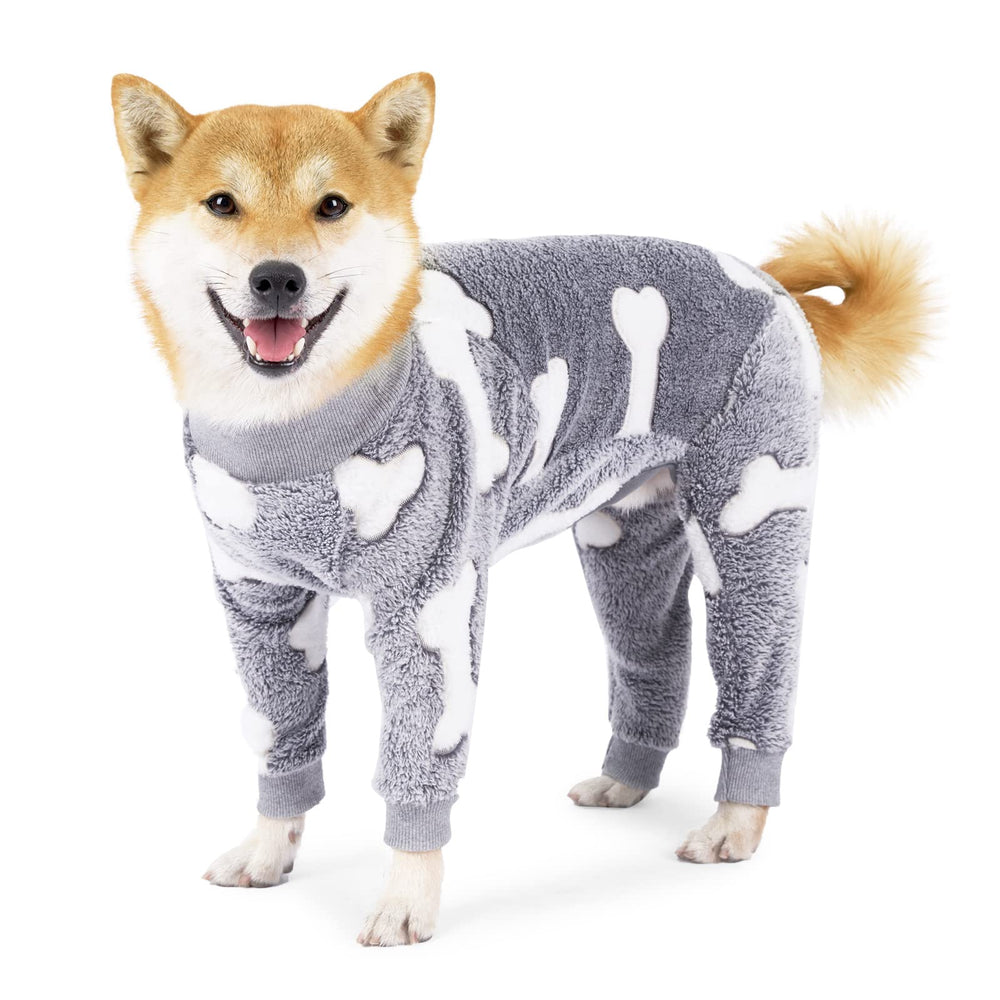 COCHPR Plush dog pajamas gray front view show warm fleece for chilly walks