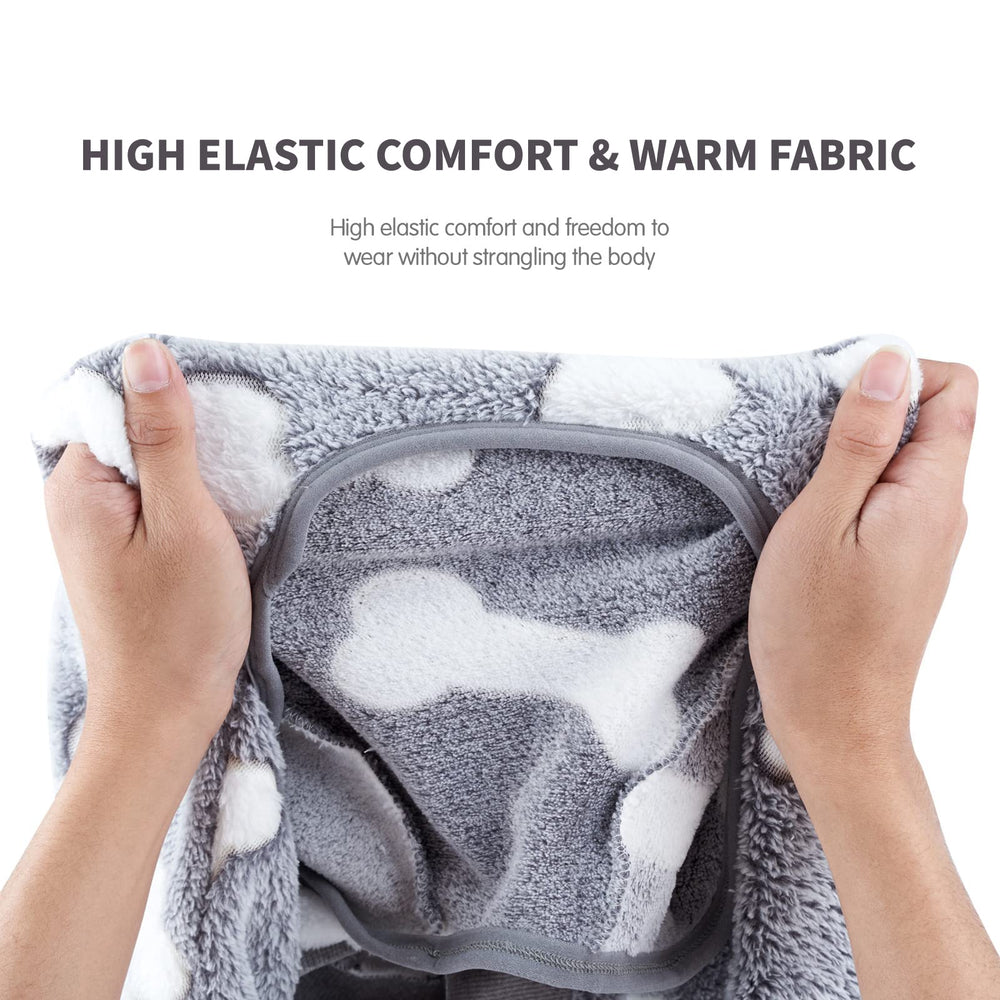 COCHPR Plush dog pajamas gray worn on dog demonstrates soft fleece and stretch for comfort