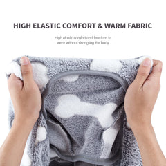 COCHPR Plush dog pajamas gray worn on dog demonstrates soft fleece and stretch for comfort