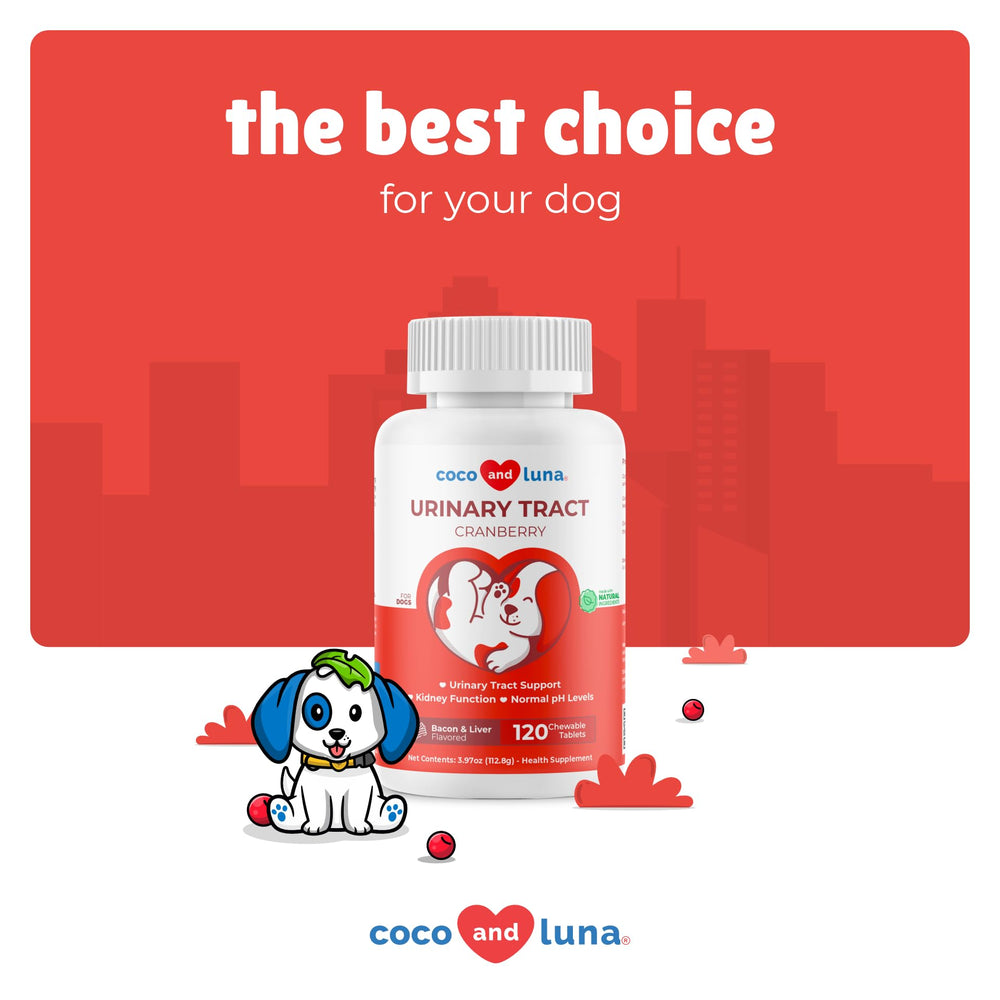 Coco and Luna cranberry for dogs packaging emphasizes easy daily administration