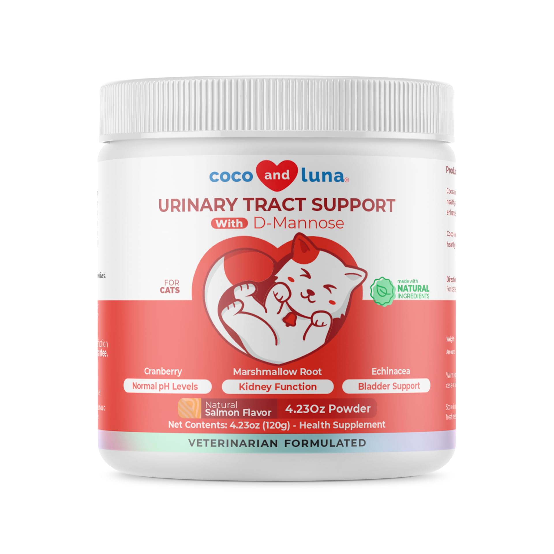 Coco and Luna cranberry for cats powder tub shows convenient urinary tract support.