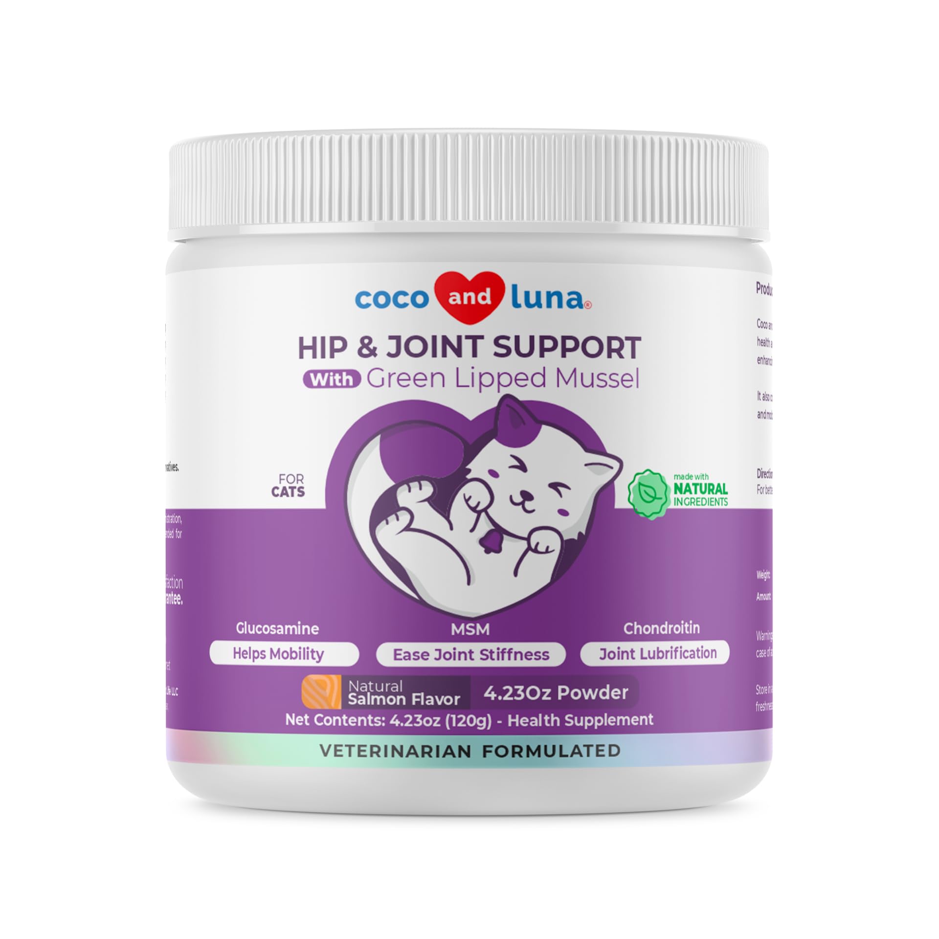 Coco and Luna glucosamine cat powder pack showing easy daily dosing for joints.