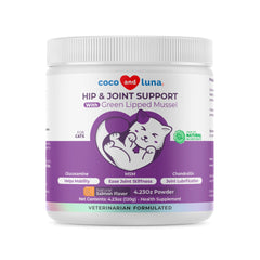 Coco and Luna glucosamine cat powder pack showing easy daily dosing for joints.
