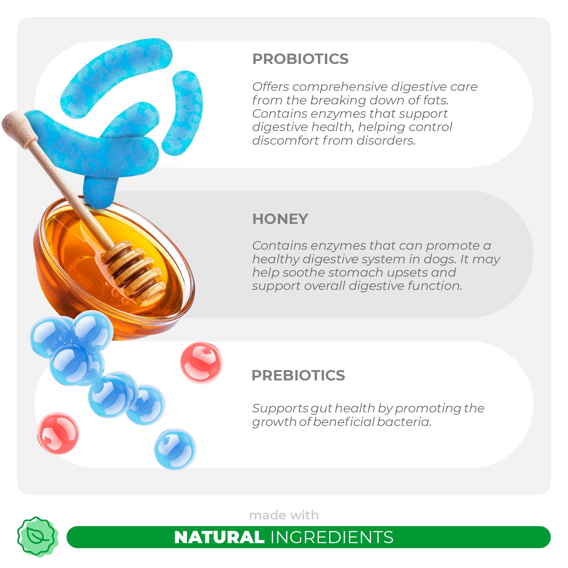 Coco and Luna ingredients lineup featuring honey, pumpkin, and prebiotics