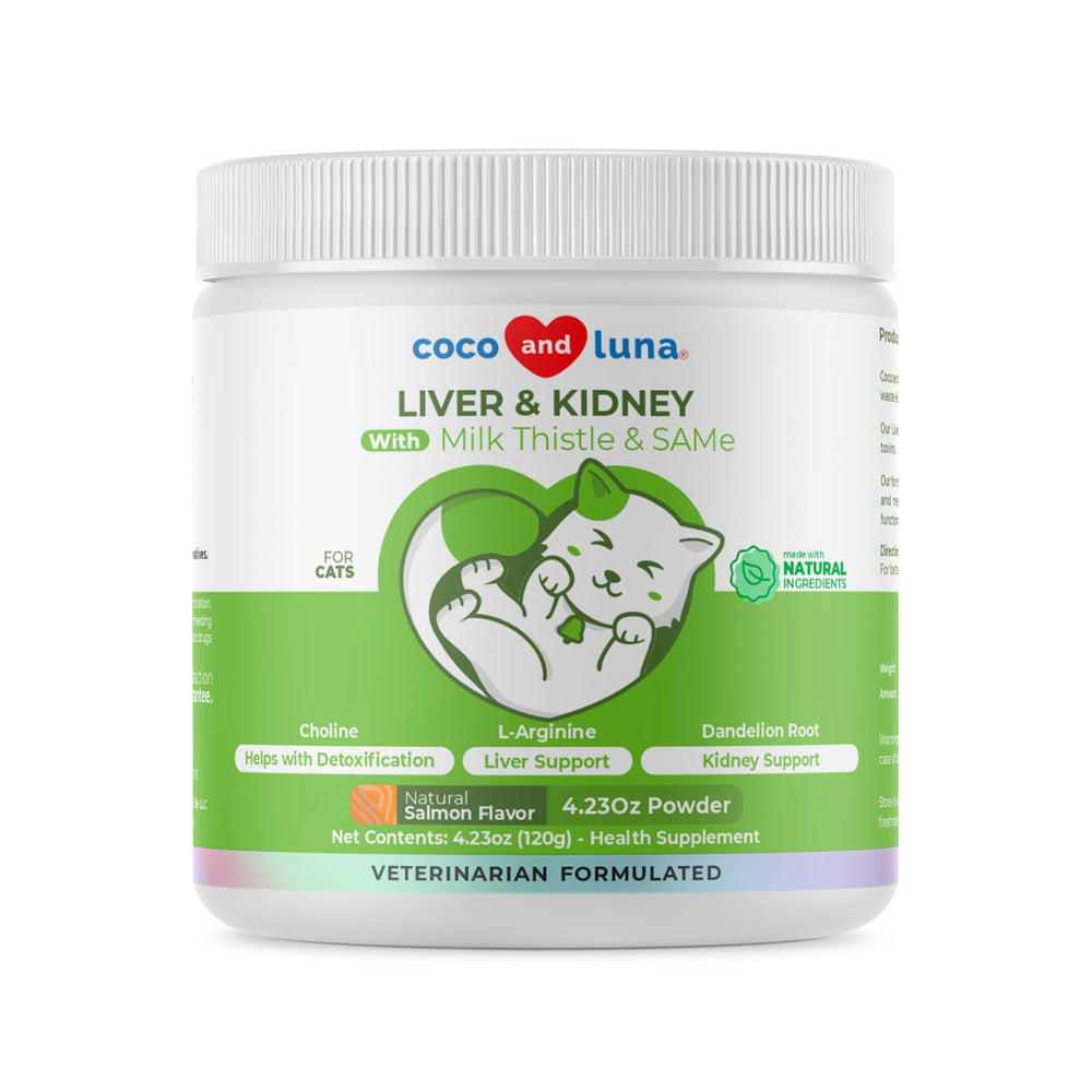 Coco and Luna Milk Thistle powder bottle supports liver-friendly detox for cats