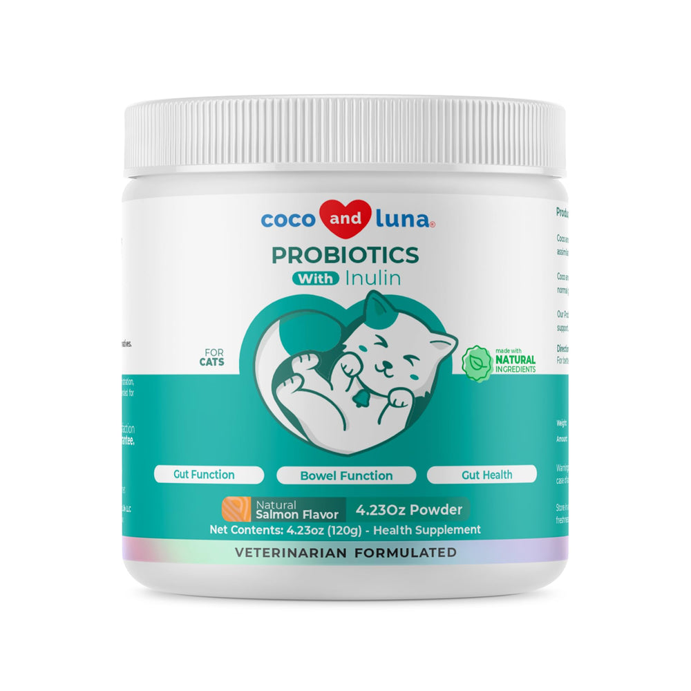 Coco and Luna Probiotics Cat Powder Tub shows a convenient tub for digestion support.