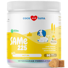 Coco and Luna Same Soft Chews bottle shown for convenient dog liver and brain health support.