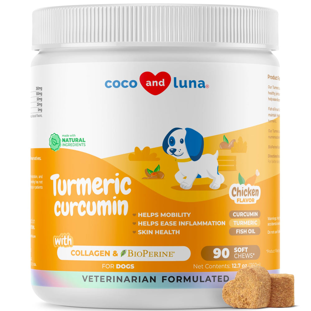 Coco and Luna turmeric dog soft chews bottle highlighting joint support for active dogs.