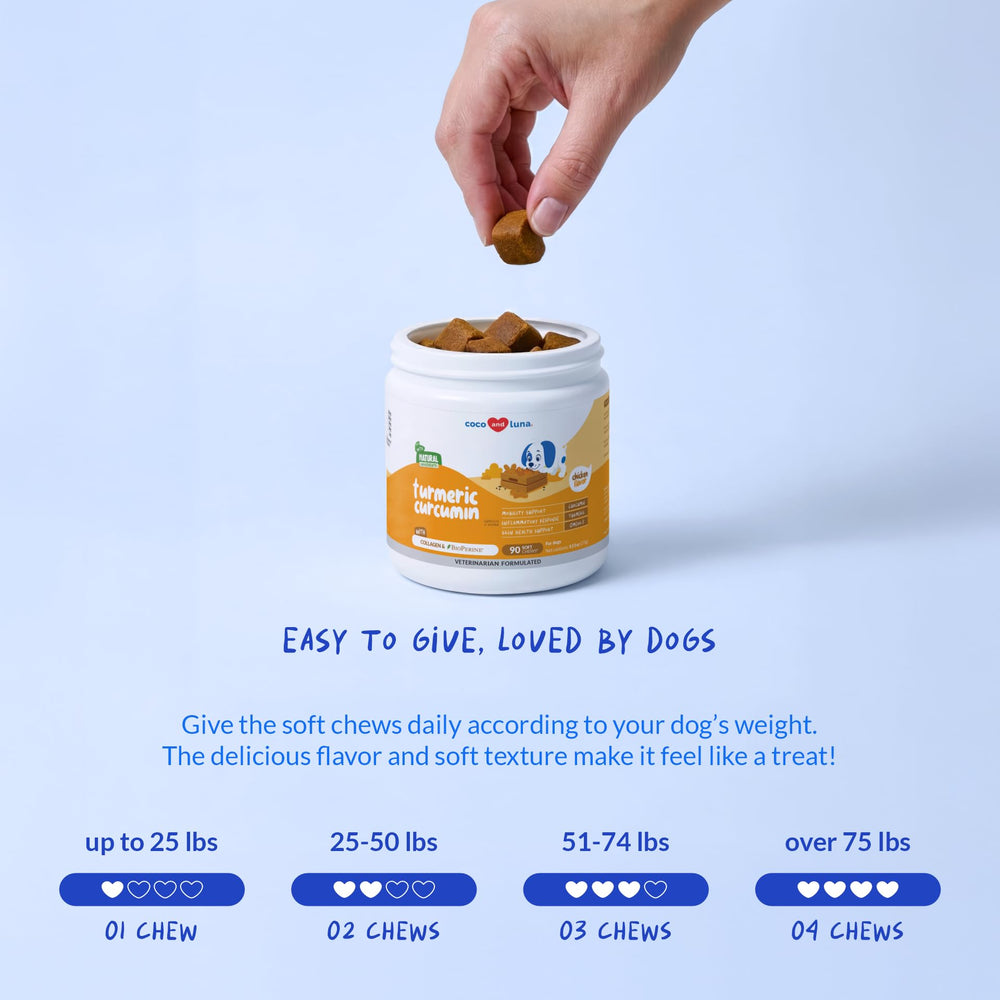Coco and Luna turmeric dog soft chews with fish oil presence suggests healthy fatty acid intake.