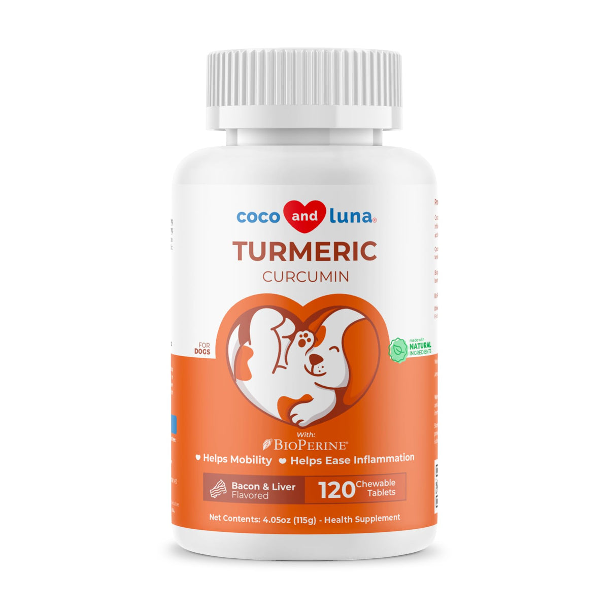 Coco and Luna turmeric dogs bottle closeup highlighting joint-supporting chew tablets for mobility