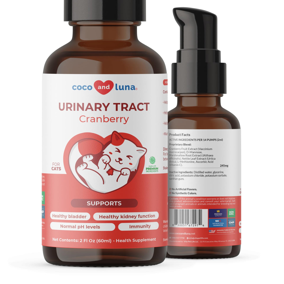 Coco and Luna Urinary Tract Support drops bottle for cats promotes bladder comfort.