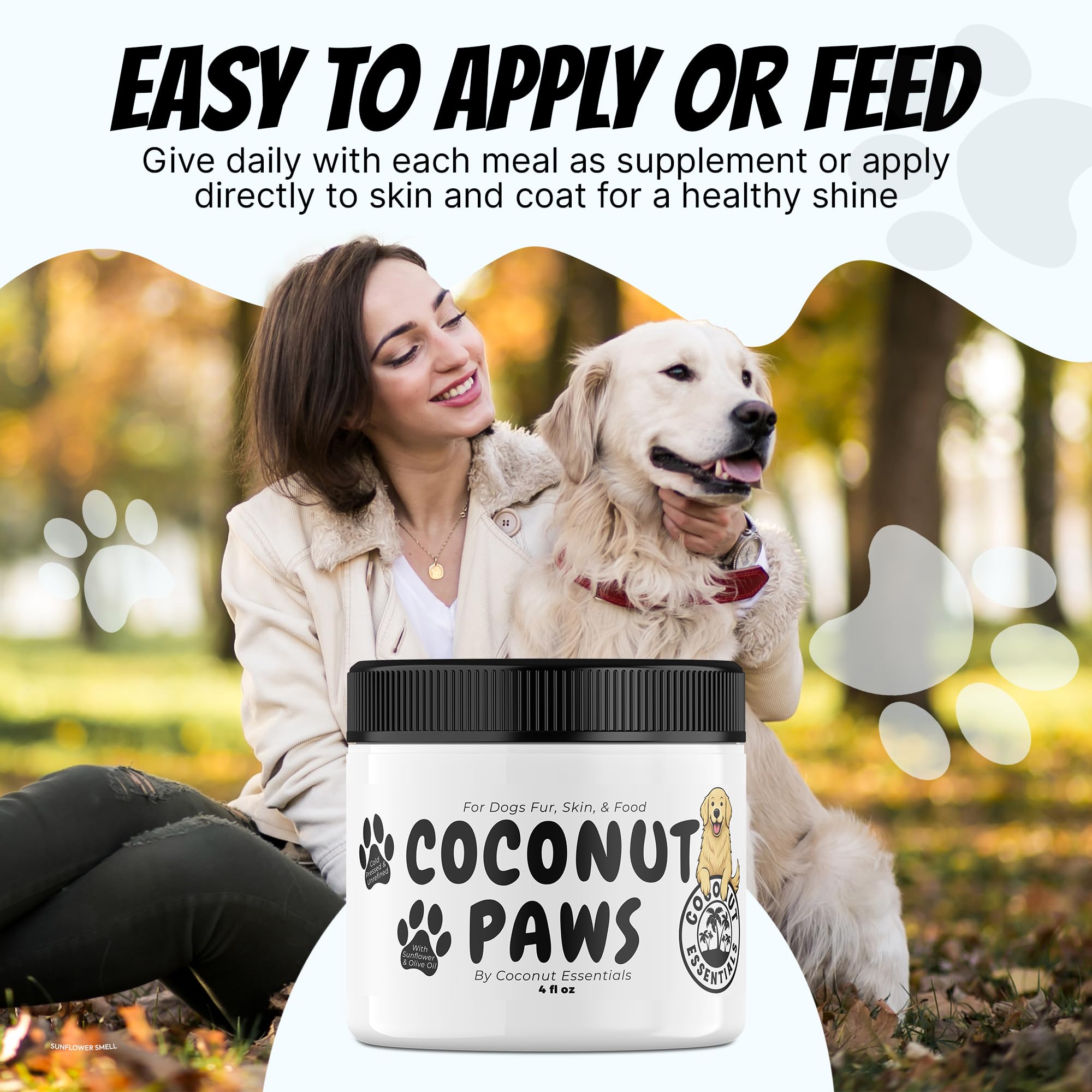 Coconut Essentials Coconut Paws coat care supports a shinier, healthier appearance.