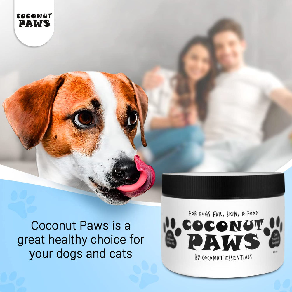 Coconut Essentials Coconut Paws on-dog-coat-application demonstrates gentle application for nourished fur.