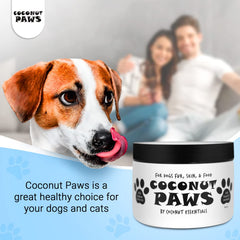 Coconut Essentials Coconut Paws on-dog-coat-application demonstrates gentle application for nourished fur.