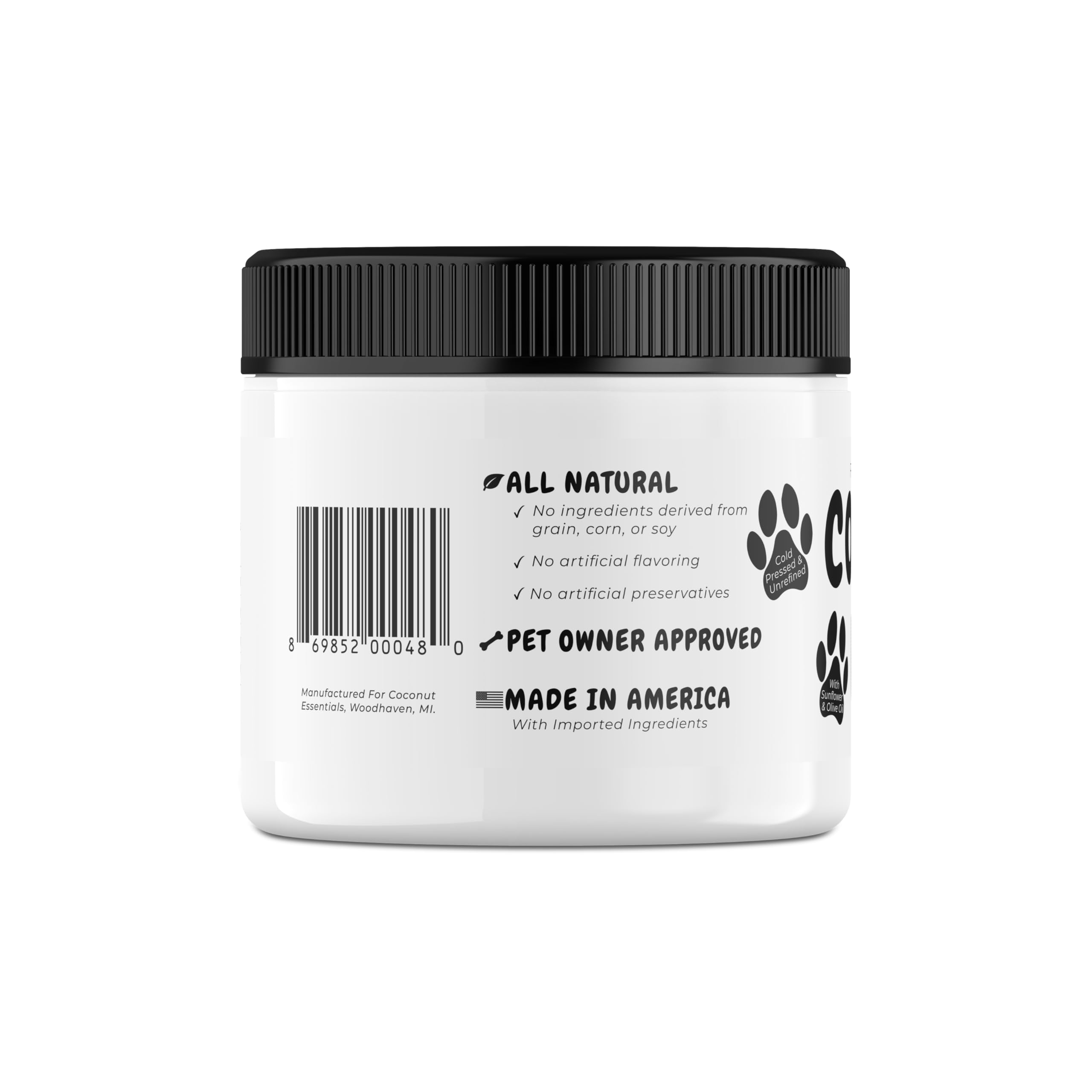 Coconut Essentials Coconut Paws natural oil blend emphasizes coconut, olive, and sunflower benefits.