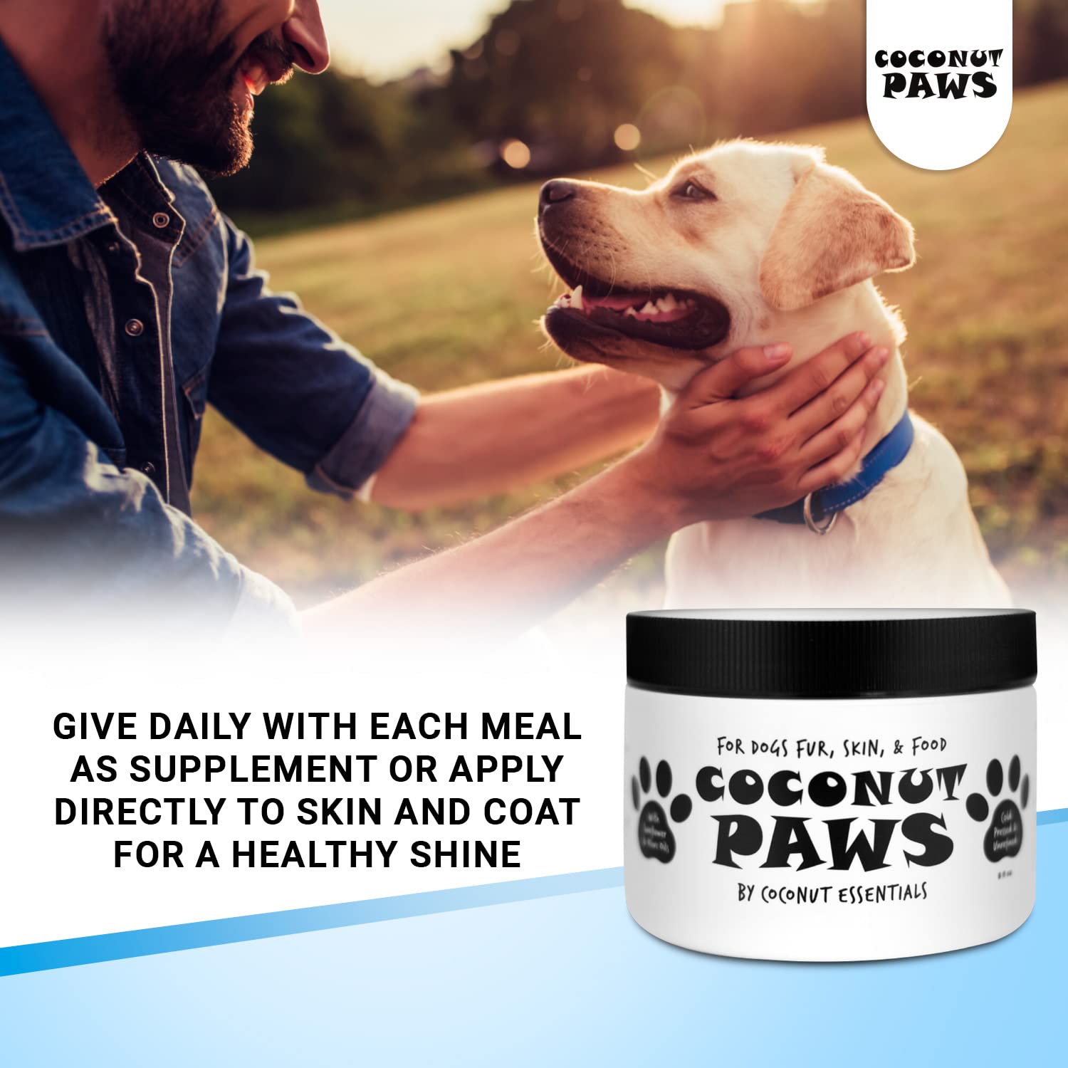 Coconut Essentials Coconut Paws label-closeup highlights the natural oil blend for healthy skin.