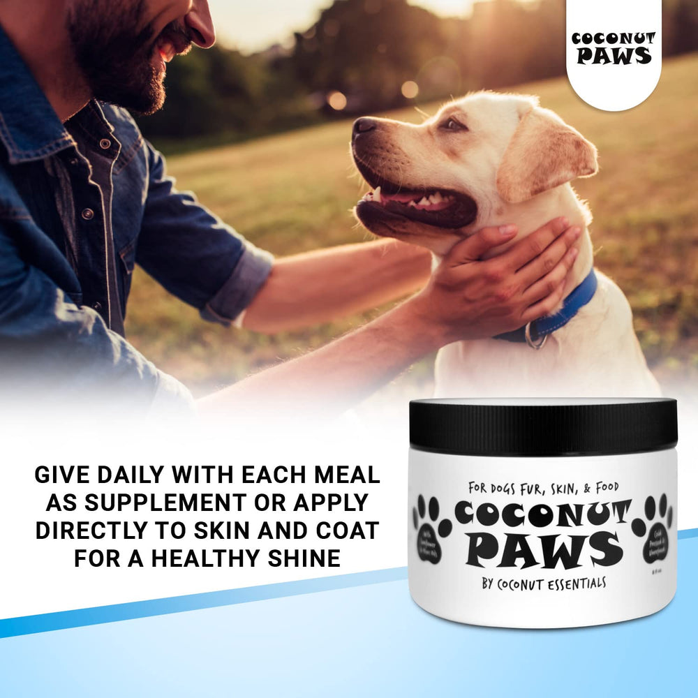 Coconut Essentials Coconut Paws label-closeup highlights the natural oil blend for healthy skin.