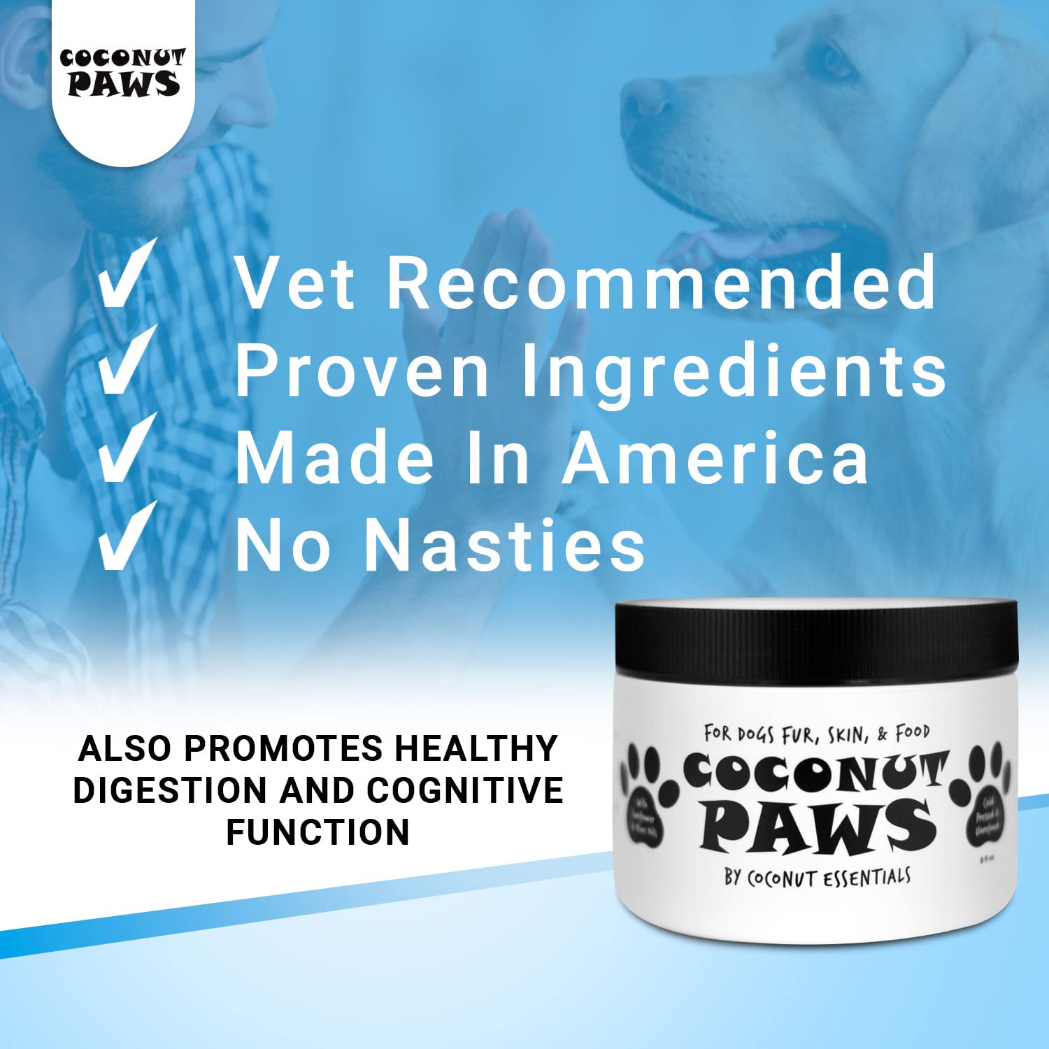 Coconut Essentials Coconut Paws shiny-coat-closeup emphasizes a healthy, glossy coat.