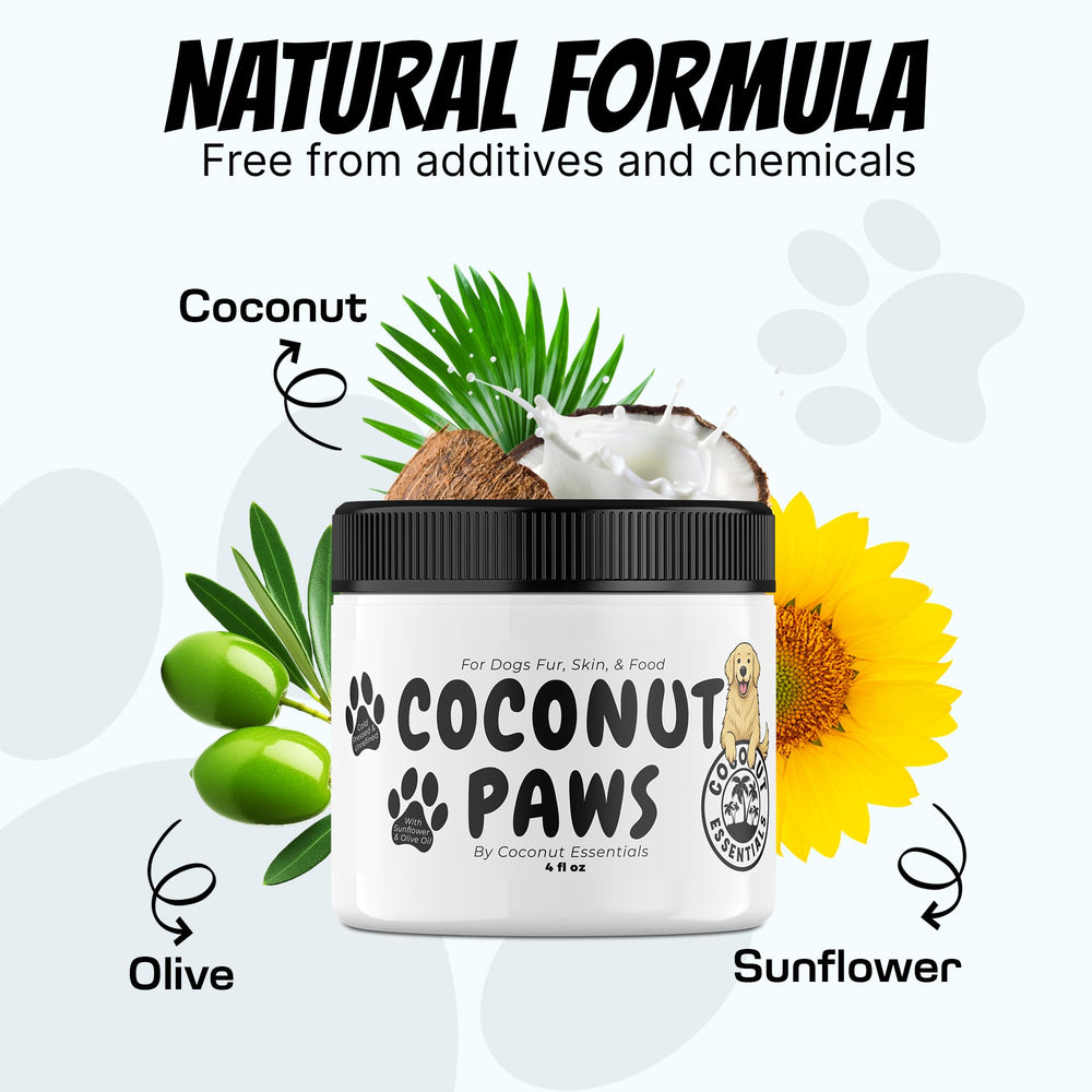 Coconut Essentials Coconut Paws vet-recommended formula signals trusted dog care.