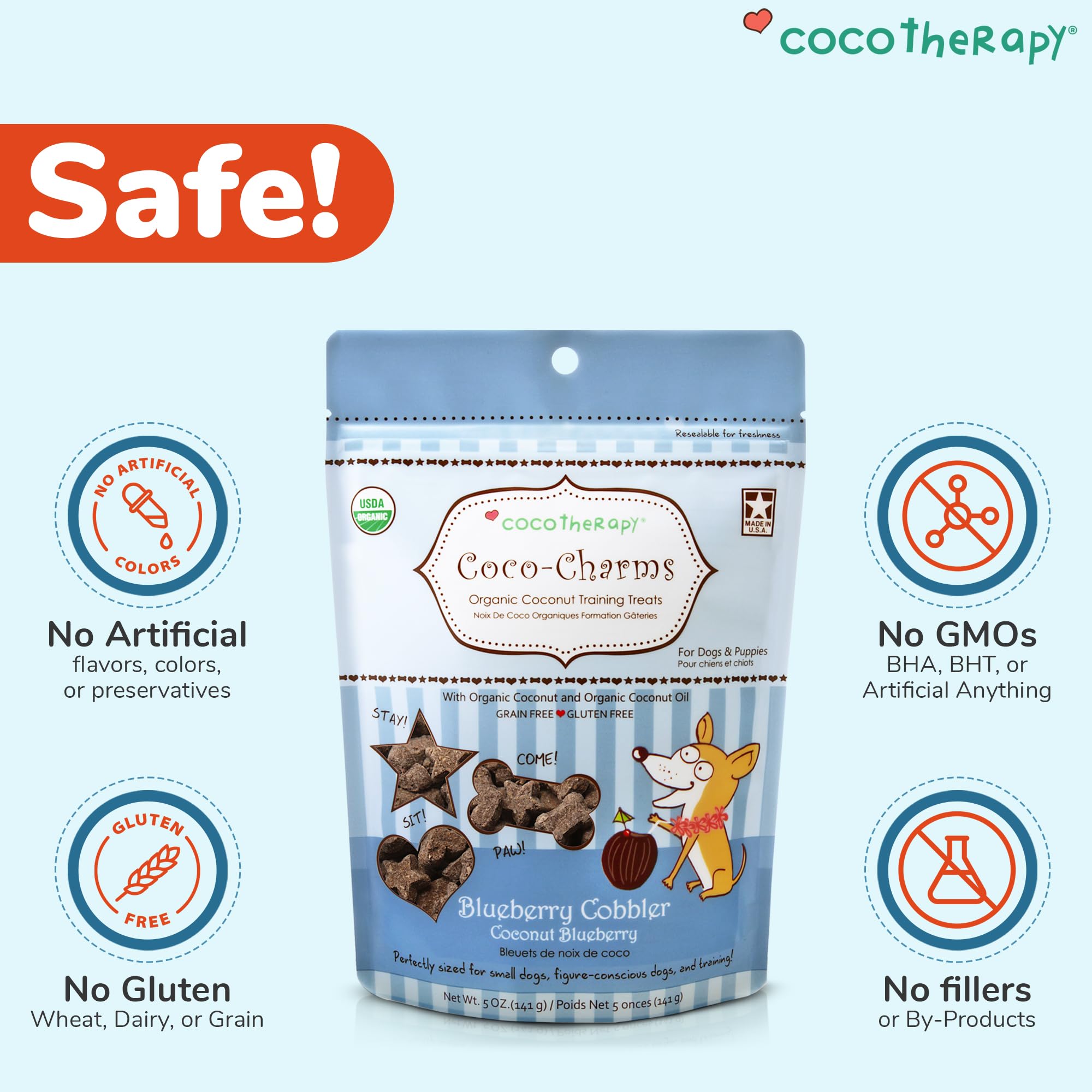 Cocotherapy Coco-Charms Blueberry Cobbler bag open reveals vegan, allergen-friendly treats