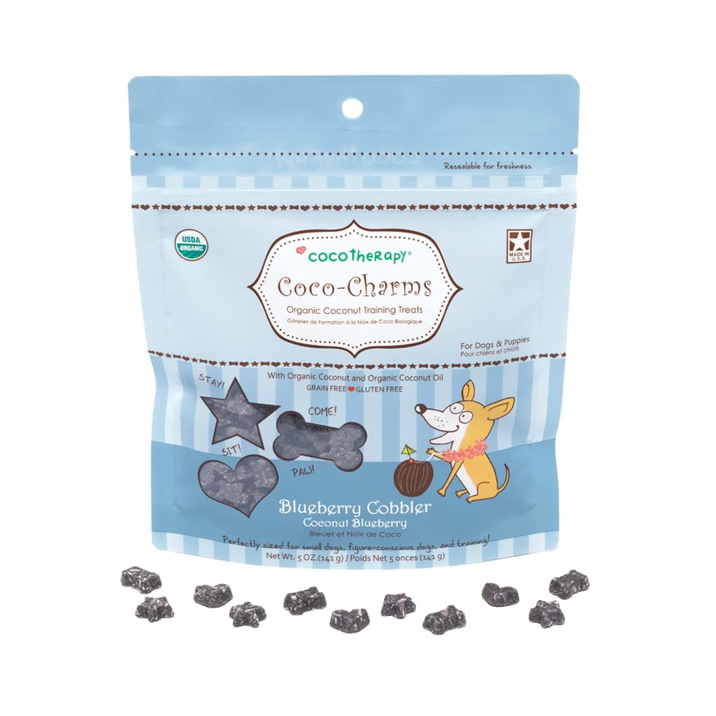 Cocotherapy Coco-Charms Blueberry Cobbler dog eating demonstrates portable, tasty dog-friendly snack