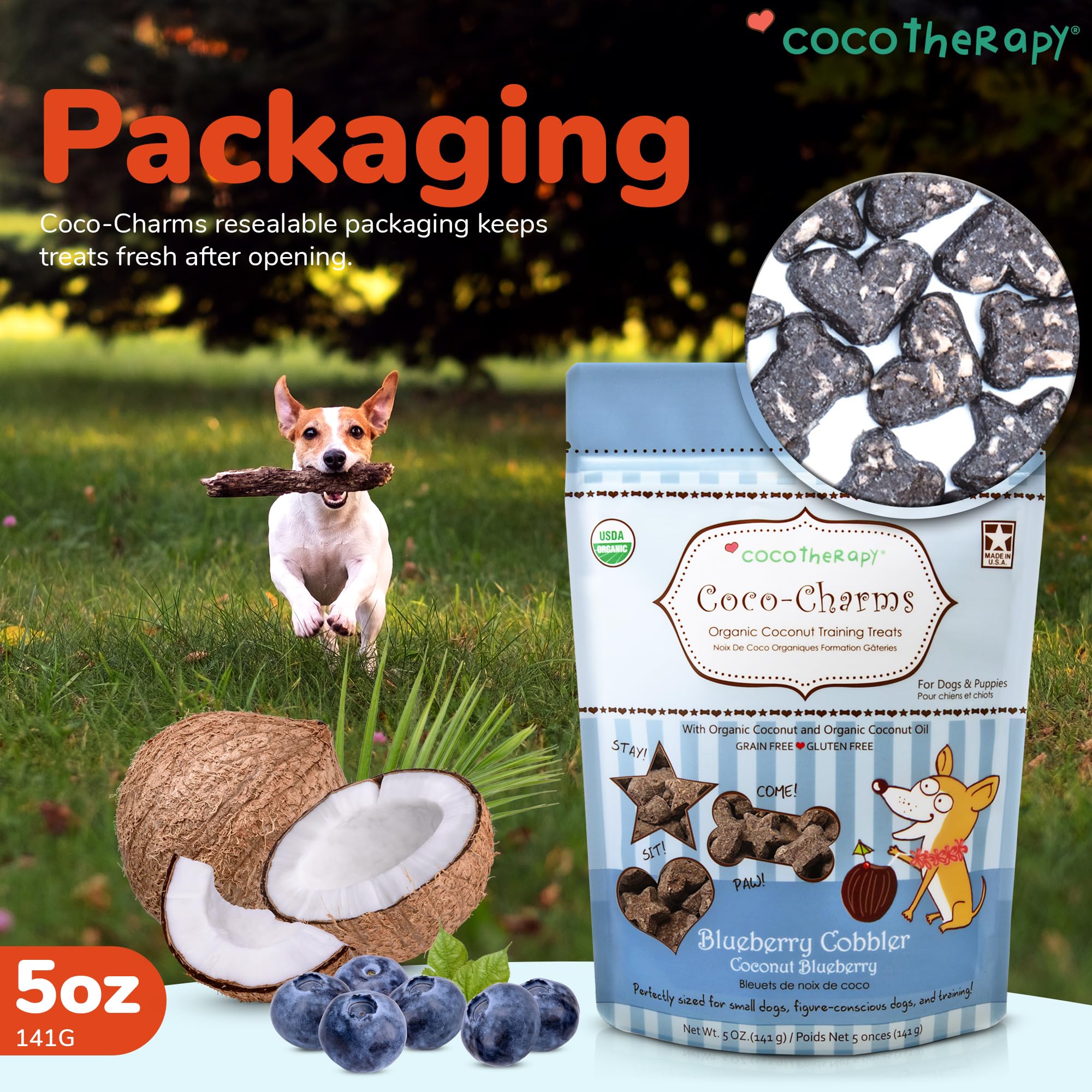 Cocotherapy Coco-Charms Blueberry Cobbler ingredients highlight organic coconut and blueberries