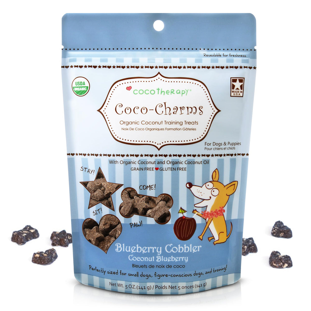 Cocotherapy Coco-Charms Blueberry Cobbler packaging shows resealable bags for easy training rewards