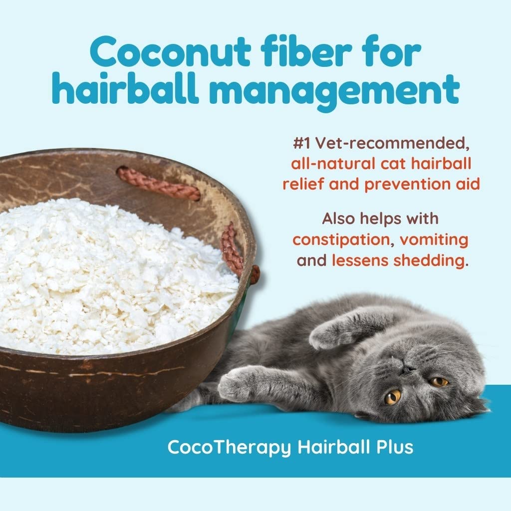 Cocotherapy Hairball Plus Fiber cat use scenario shows a calm, satisfied cat.