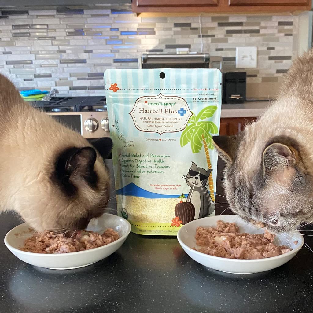 Cocotherapy Hairball Plus Fiber packaging detail highlights clean organic supplement.