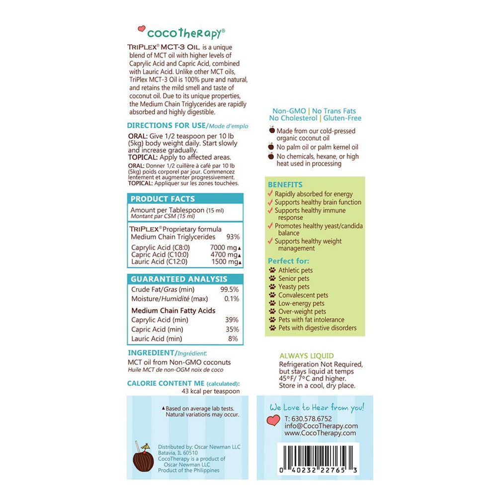 Cocotherapy Triplex MCT-3 Oil dropper image highlights immune support potential.