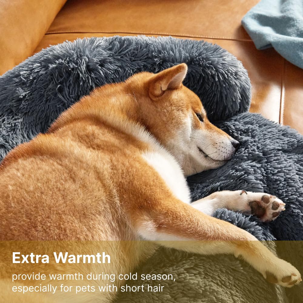 Codi Large Calming Dog Bed dark-grey-fabric closeup highlights soft plush texture.