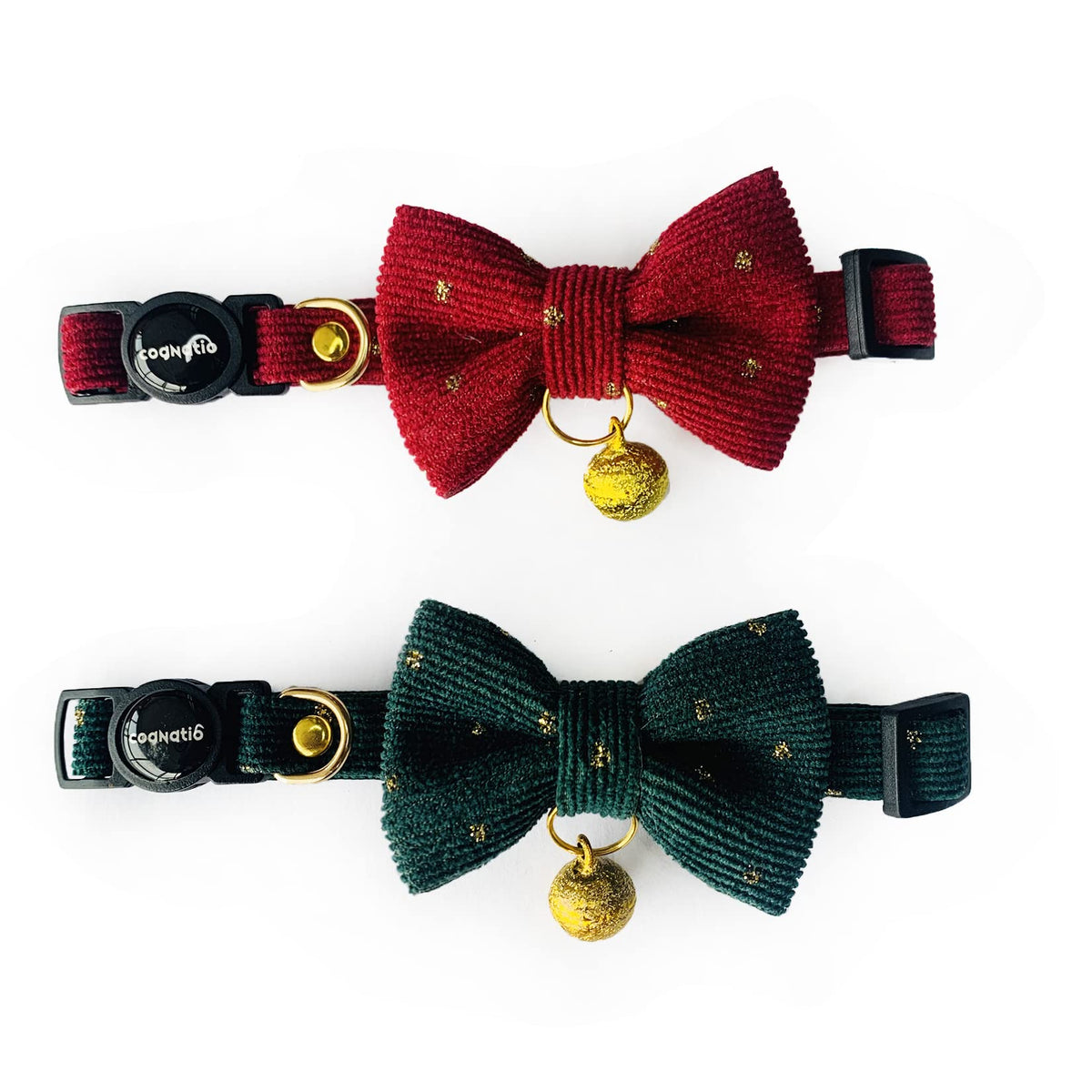 Cognatio safety quick release cat collars in wine red and Xmas green showing breakaway safety
