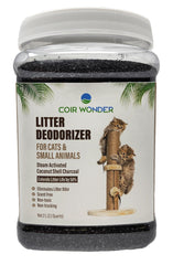 Coir Wonder cat litter deodorizer jar close-up showing coconut charcoal odor control for fresh litter.