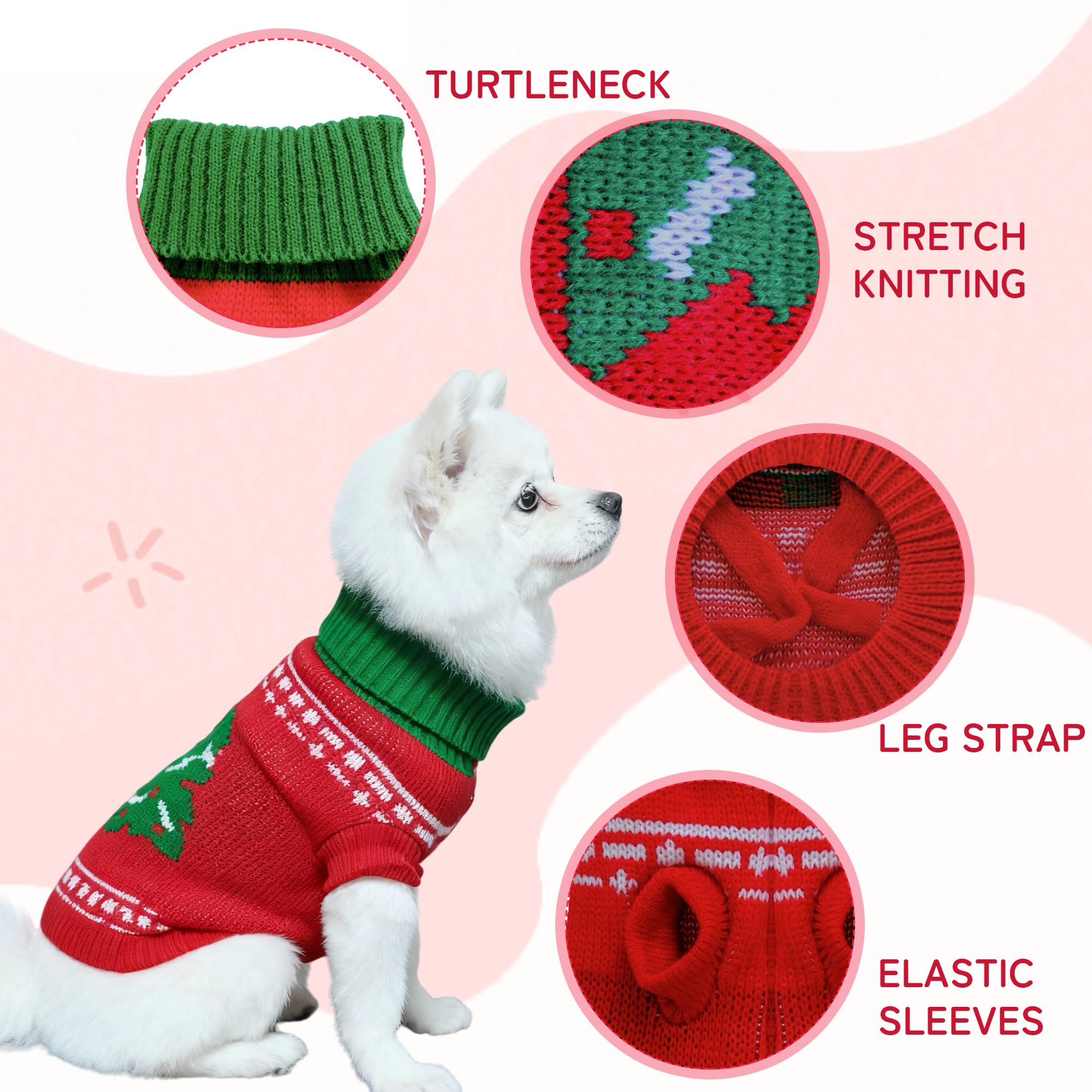COJBPET knitted dog sweater back displays festive Christmas tree pattern.