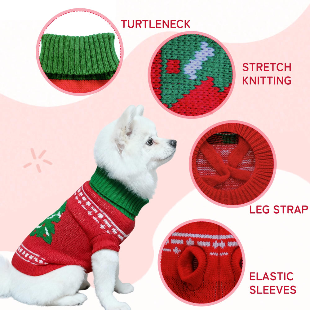 COJBPET knitted dog sweater back displays festive Christmas tree pattern.