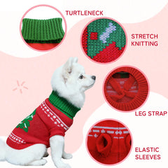 COJBPET knitted dog sweater back displays festive Christmas tree pattern.