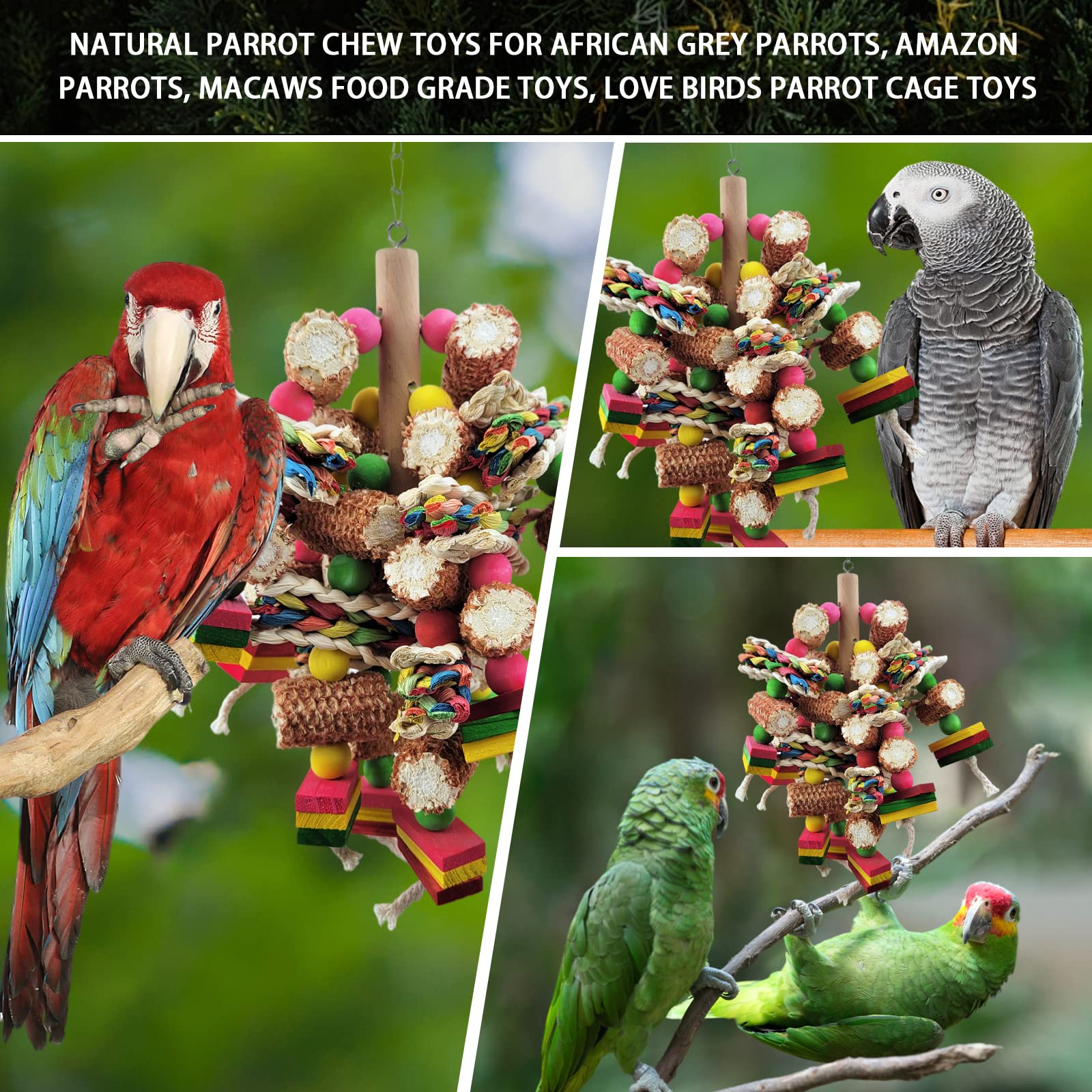 Cokliomc bird toys emphasize beak exercise and mental stimulation for parrots.