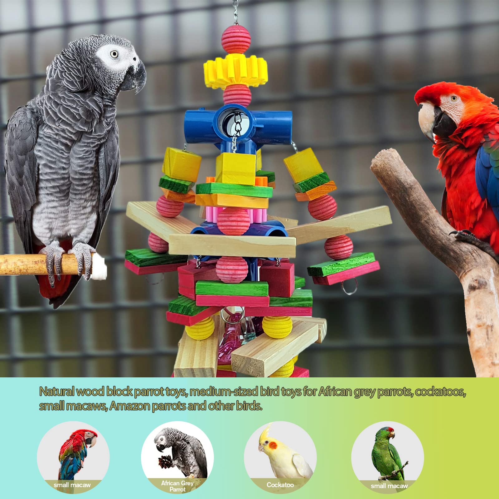 Cokliomc parrot toys featuring stainless steel chains for durability and secure cage attachment.