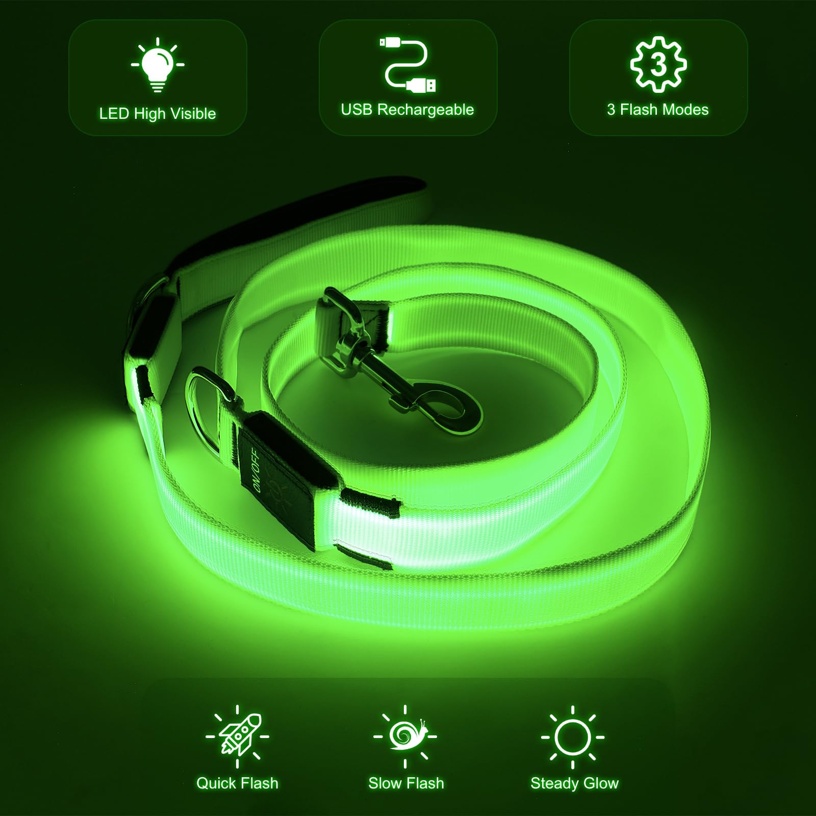 Colaseeme LED dog leash USB-rechargeable for easy nighttime visibility.