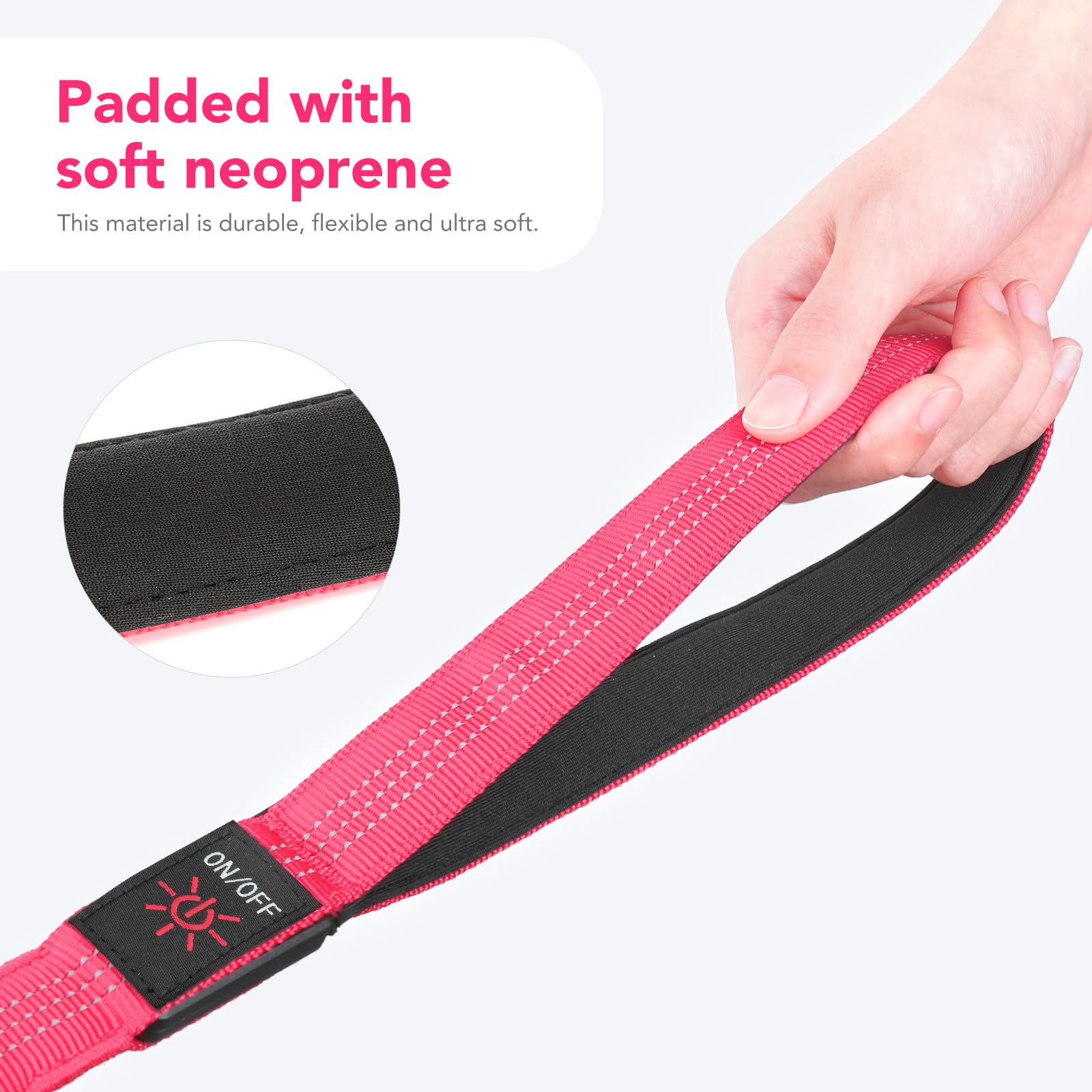 Colaseeme light up leash shows steady and blinking modes in use.