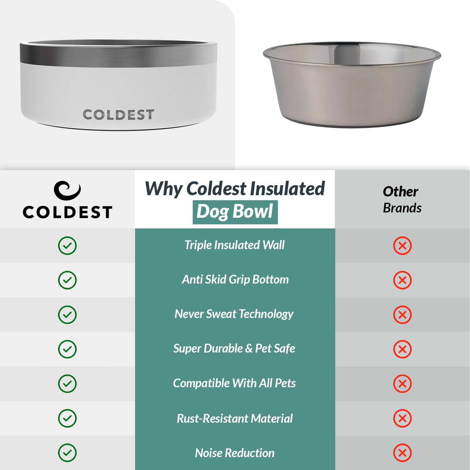 Coldest Water durable stainless steel resists chewing for active dogs.