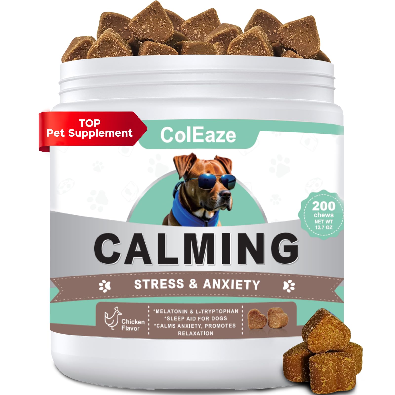 ColEaze Calming Chews bottle on counter for dog relaxation and stress relief