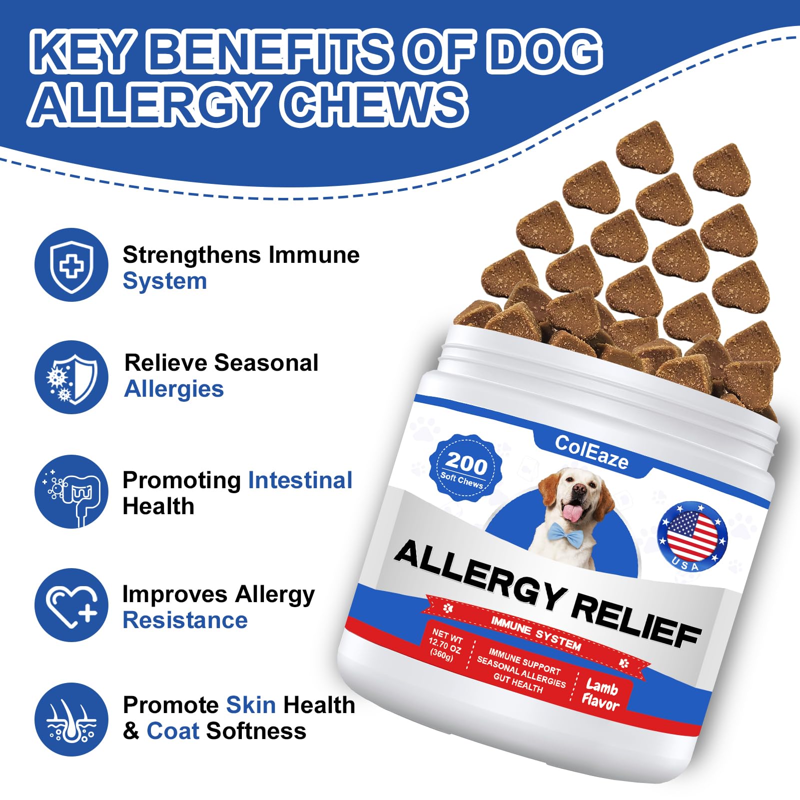 ColEaze dog allergy chews bottle closeup highlights lamb flavor for daily use