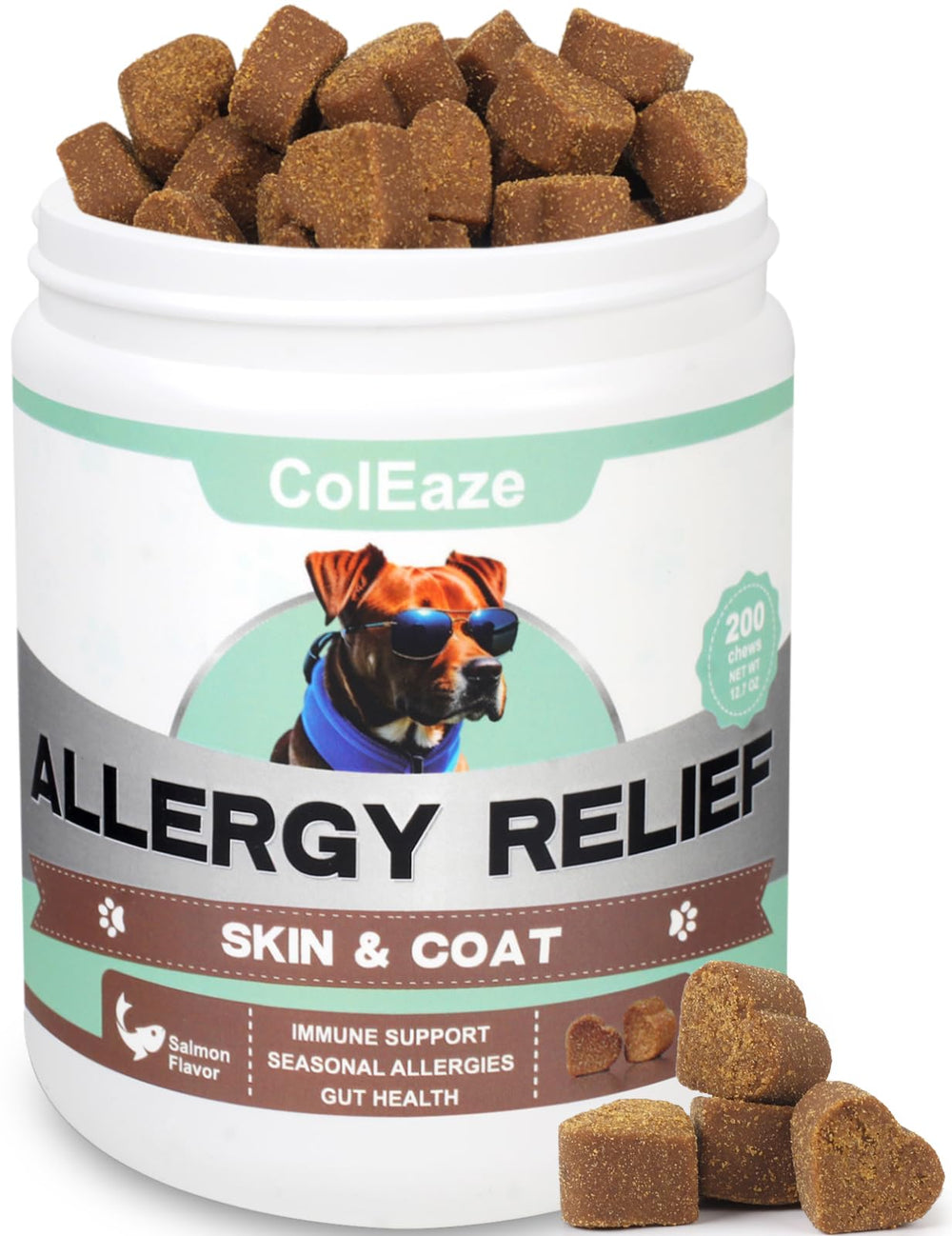 ColEaze dog-allergy-chews-bottle shows omega-3 rich formula for skin and coat support.