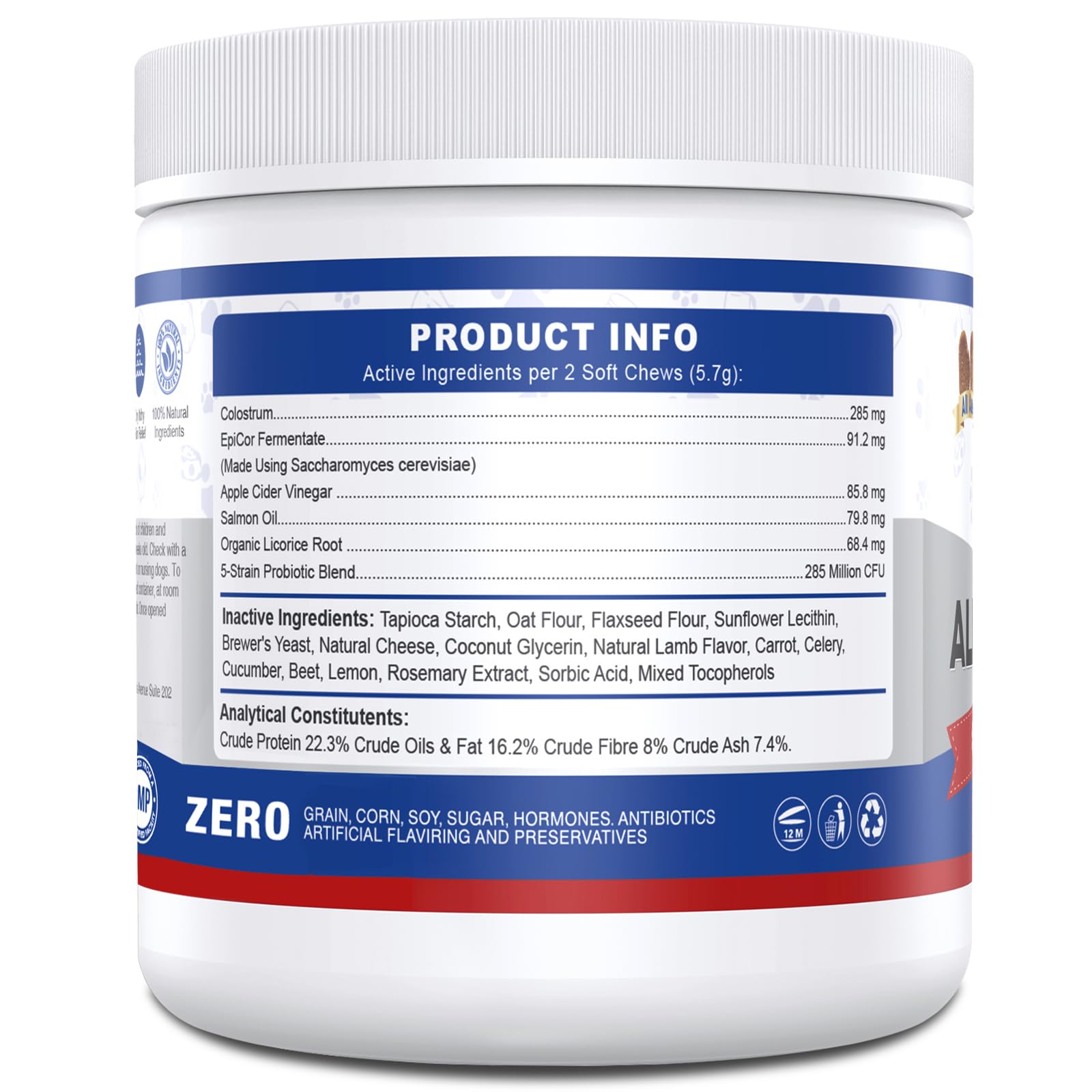ColEaze dog allergy chews full bottle with 200-treats conveys long-term supportive care
