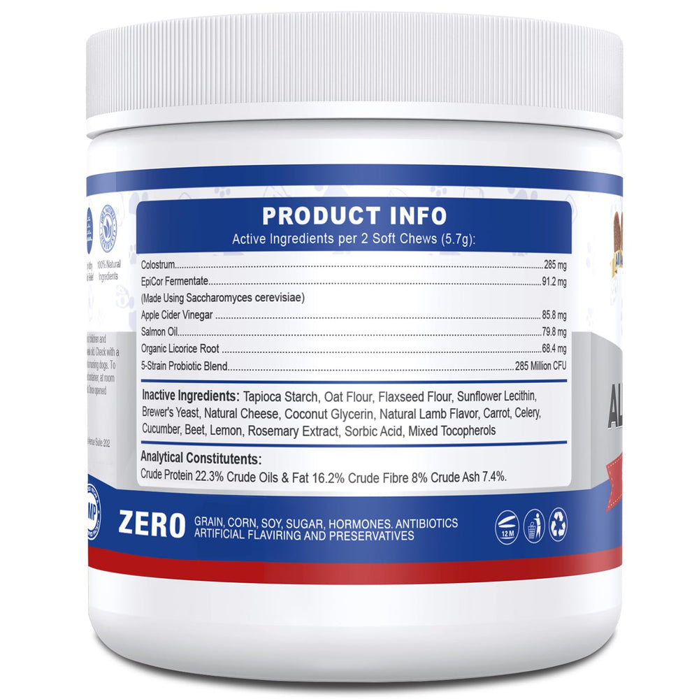 ColEaze dog allergy chews full bottle with 200-treats conveys long-term supportive care